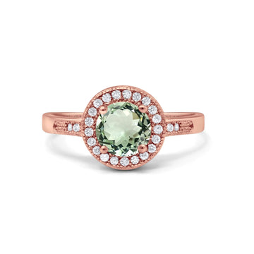 14K Rose Gold 0.94ct Round Art Deco 6mm G SI Natural Green Amethyst Diamond Engagement Wedding Ring Size 6.5